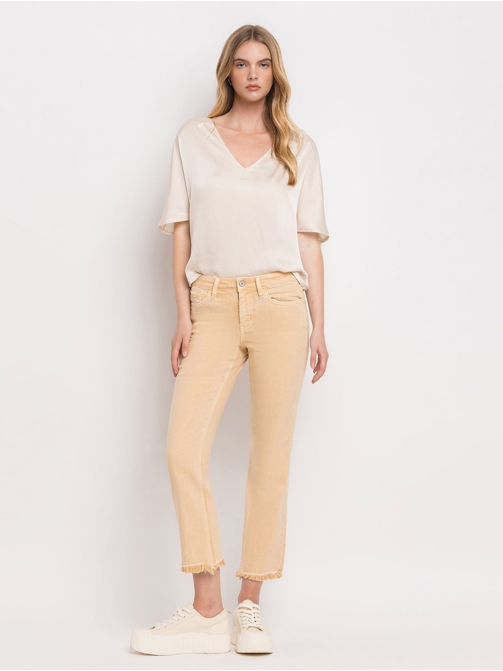 High-Rise Cropped Straight Jeans in Light Beige